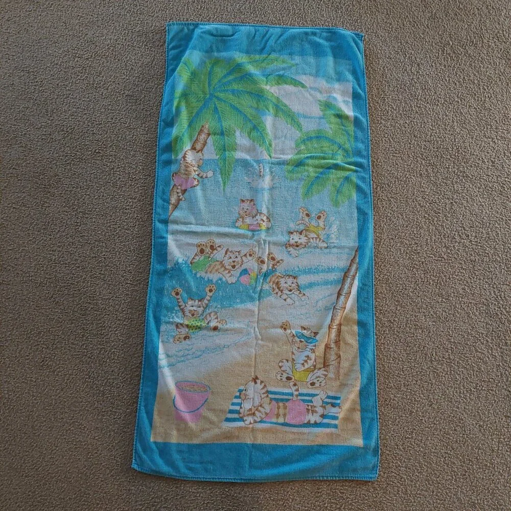 Vintage Hiltex Playful Cats Kittens Tropical Ocean Cotton Beach Towel El Salvado